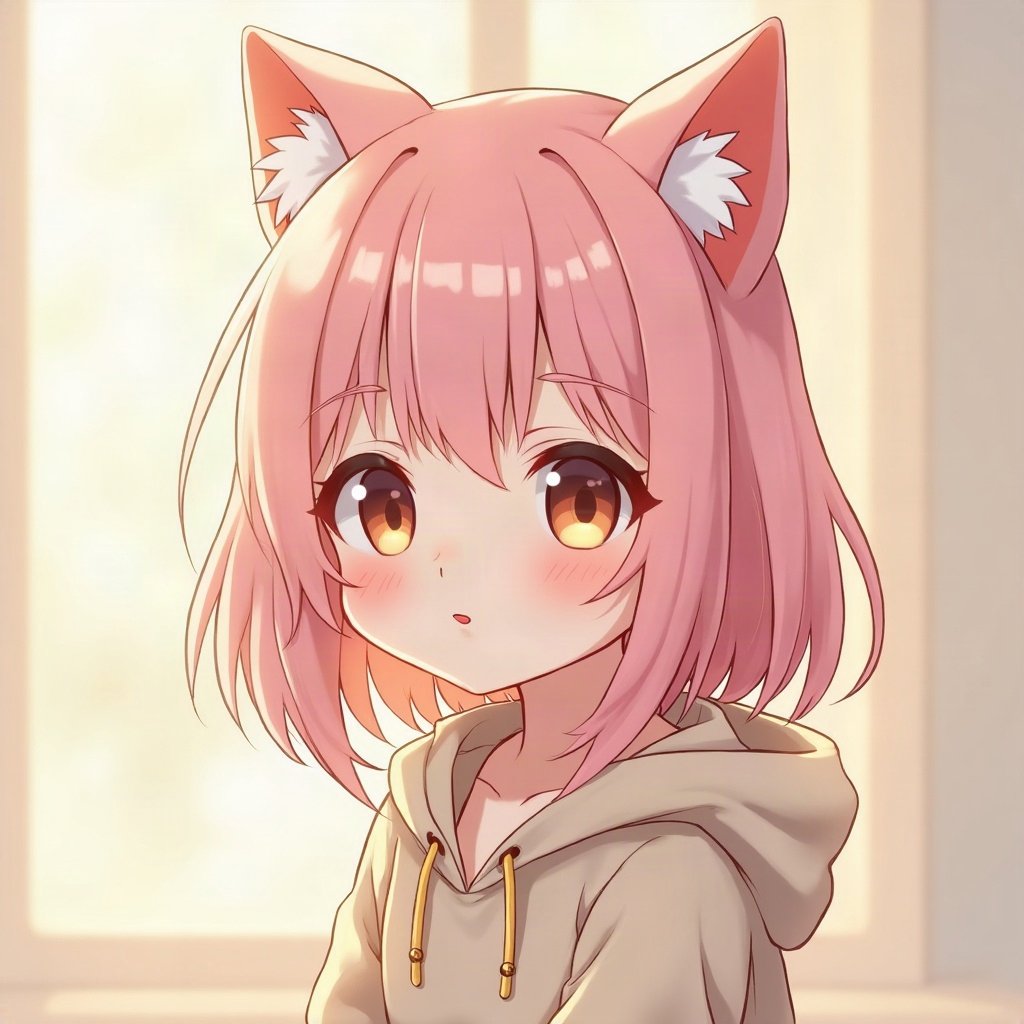 femboy pfp — soft pink shoulder-length hair, hoodie with cat-ear hood, soft curious look