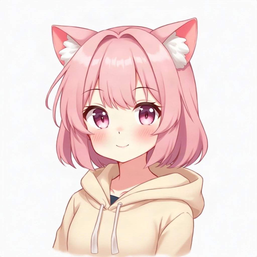 femboy pfp — soft pink shoulder-length hair, hoodie with cat-ear hood, playful wink