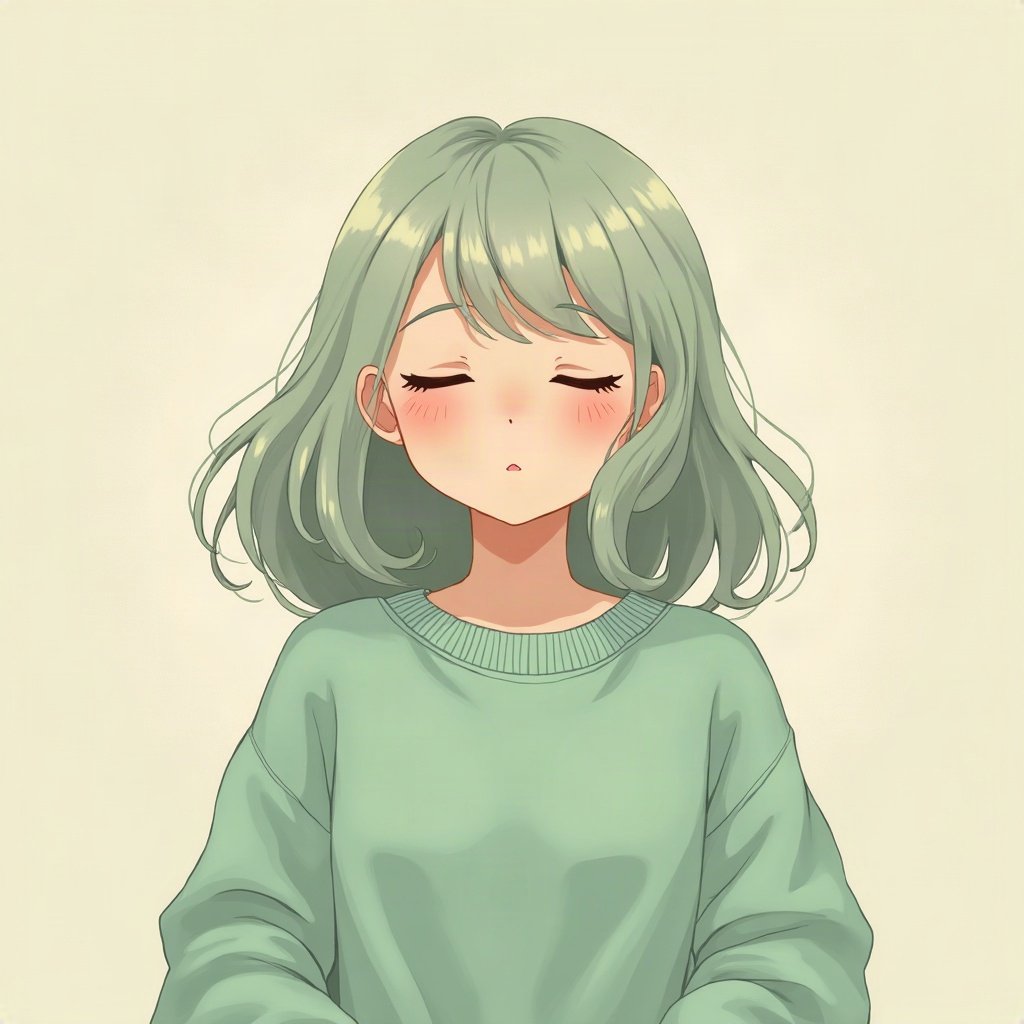 femboy pfp — mint green soft waves, oversized pastel sweater, peaceful eyes closed