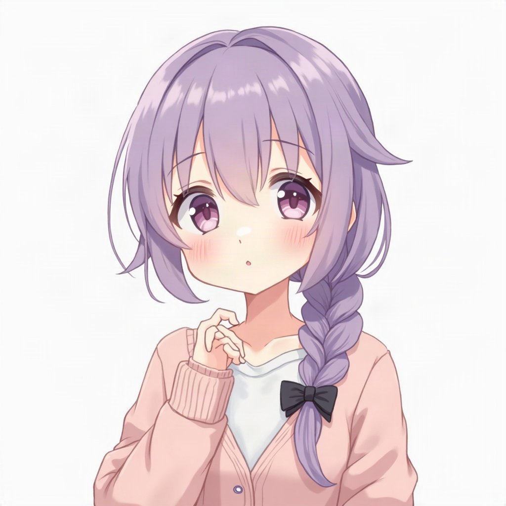 femboy pfp — lavender hair with braid, cozy cardigan with bow, soft curious look