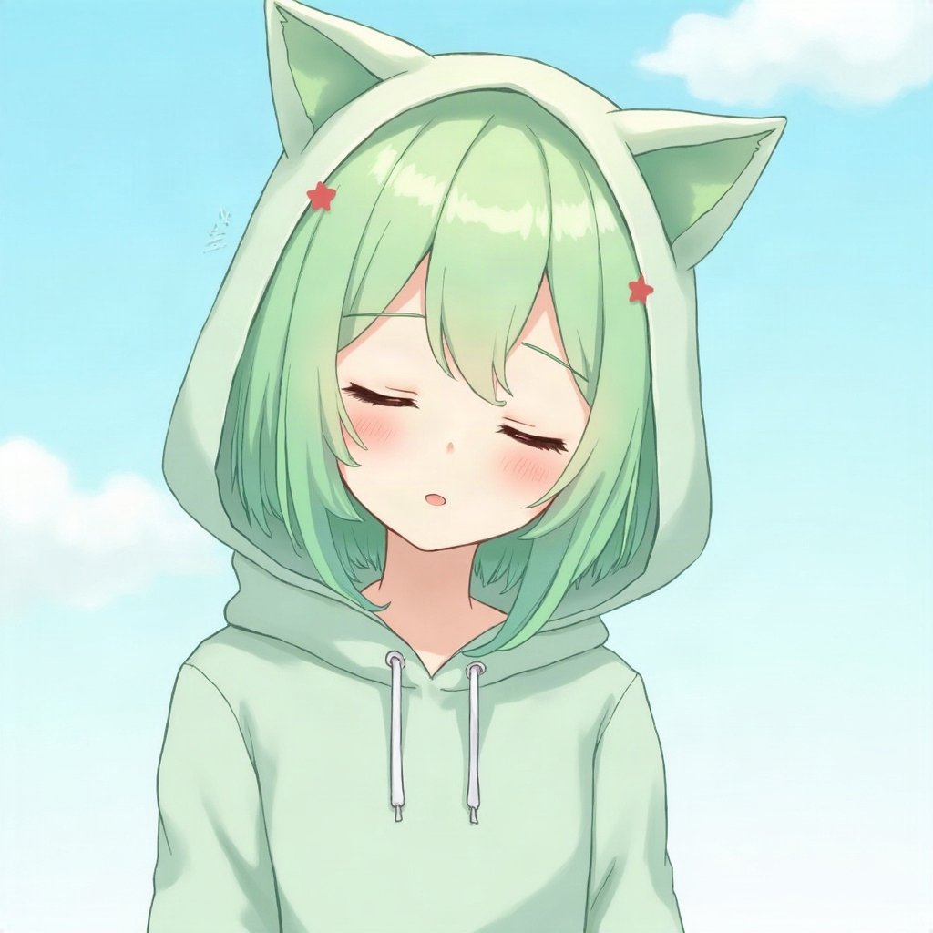 femboy pfp — mint green soft waves, hoodie with cat-ear hood, peaceful eyes closed