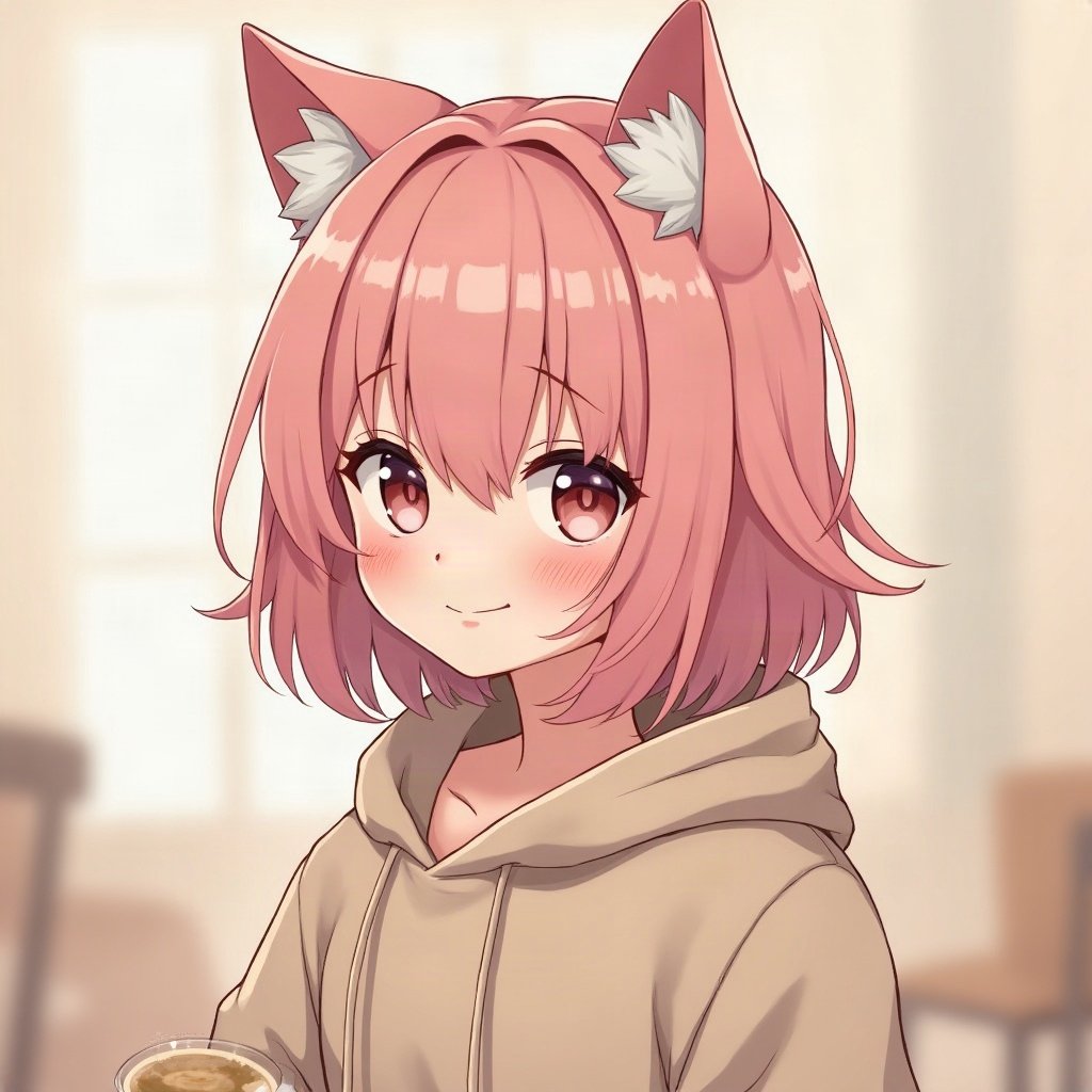femboy pfp — soft pink shoulder-length hair, hoodie with cat-ear hood, shy gentle smile