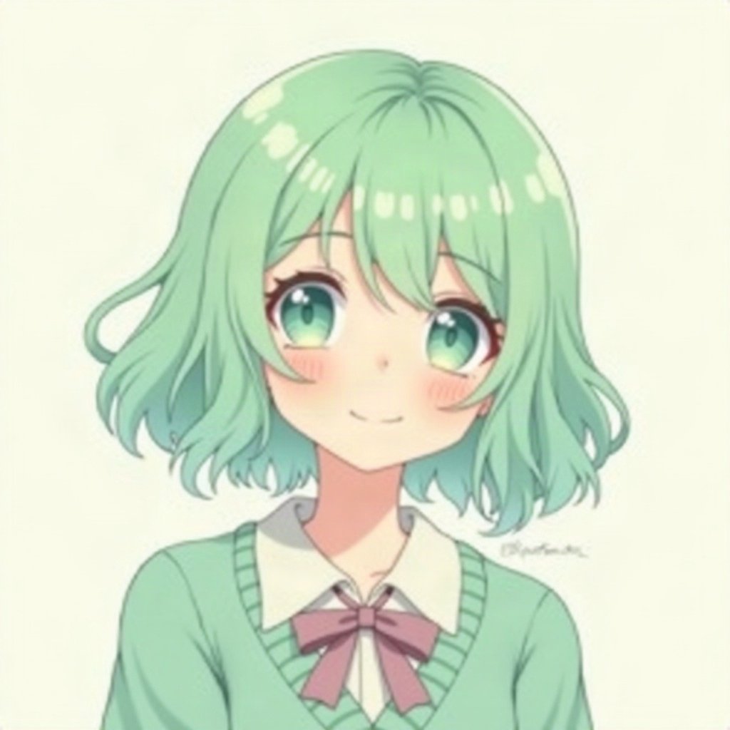 femboy pfp — mint green soft waves, cozy cardigan with bow, soft curious look