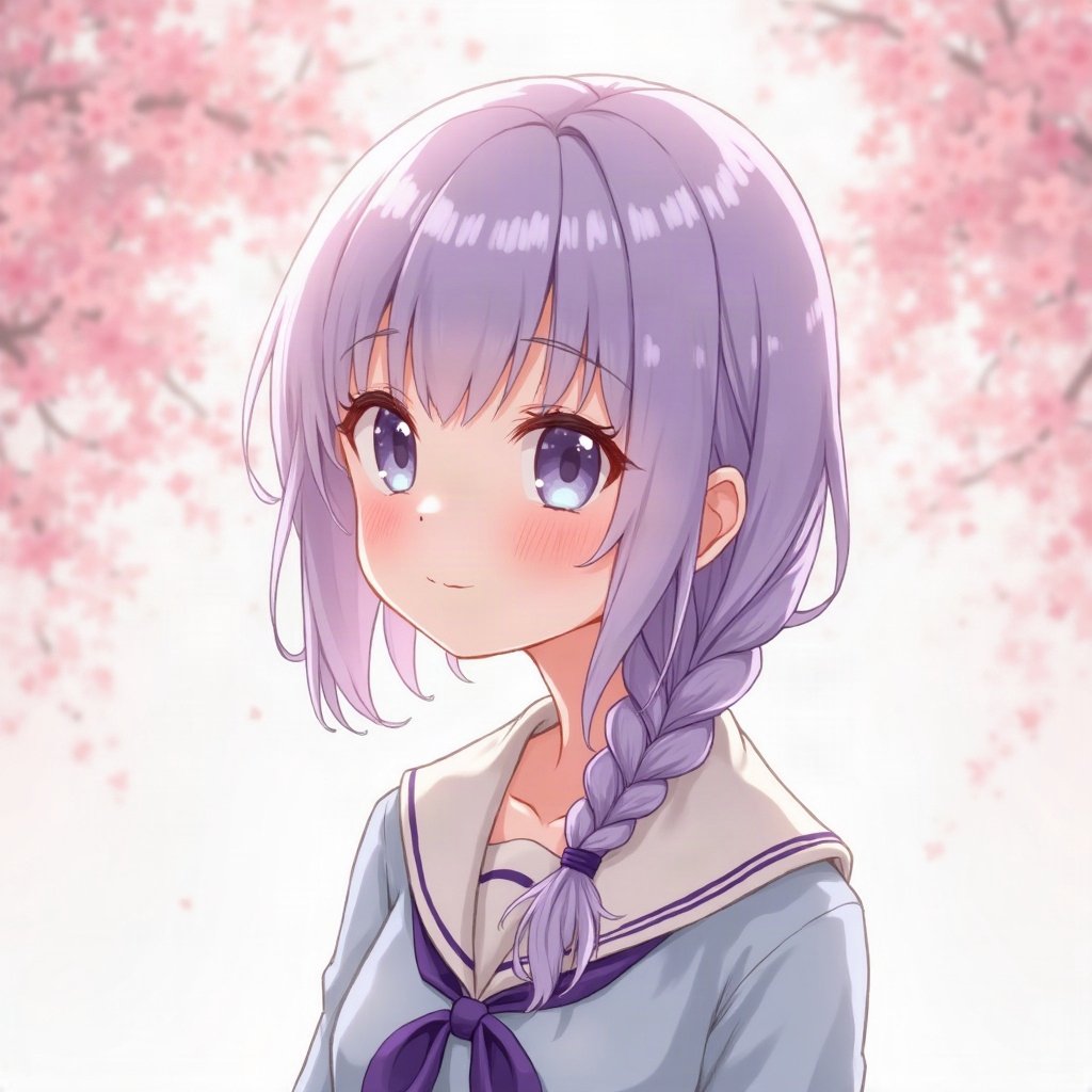 femboy pfp — lavender hair with braid, sailor-collar top, shy gentle smile