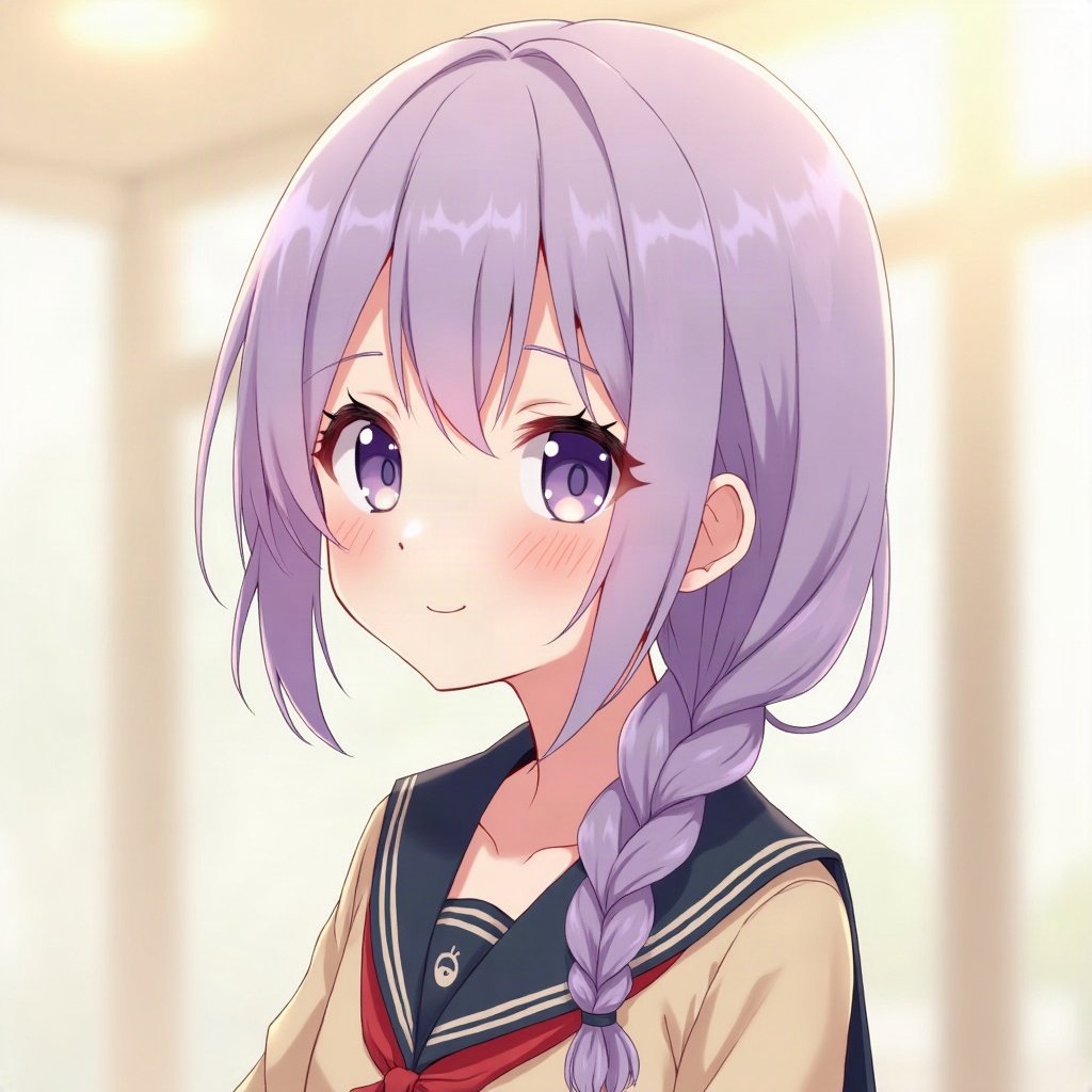 femboy pfp — lavender hair with braid, sailor-collar top, playful wink