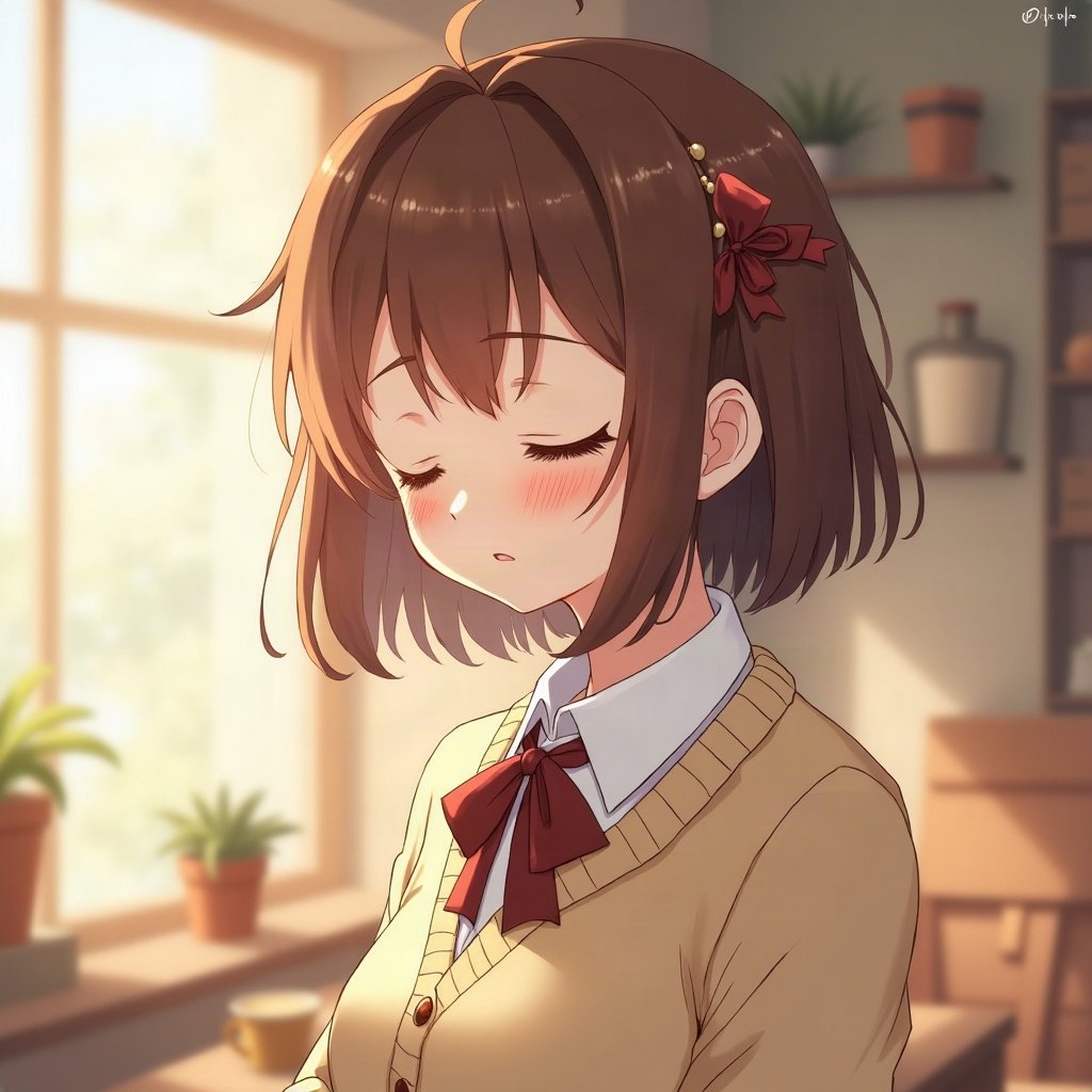 femboy pfp — brown hair with hairpins, cozy cardigan with bow, peaceful eyes closed