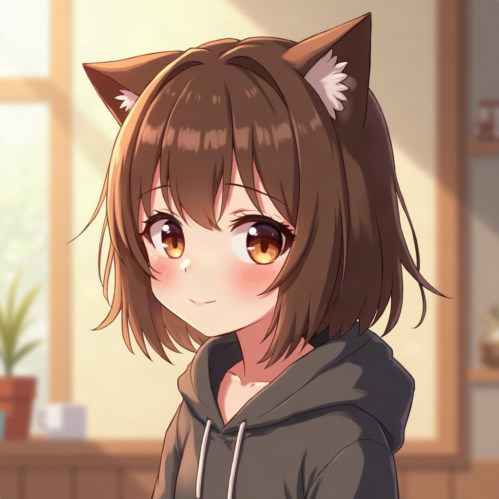 femboy pfp — brown hair with hairpins, hoodie with cat-ear hood, shy gentle smile