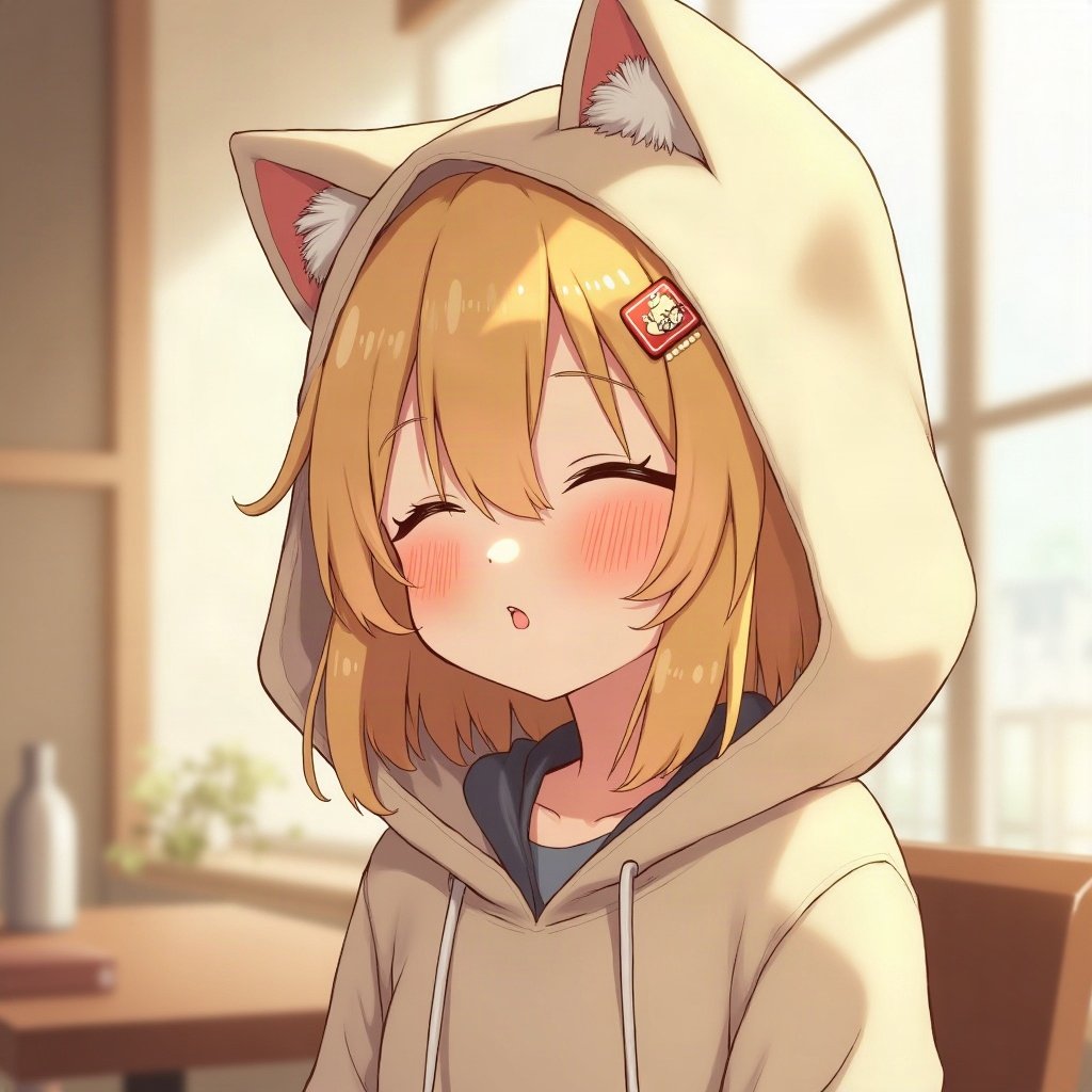 femboy pfp — fluffy blond bob with clips, hoodie with cat-ear hood, peaceful eyes closed
