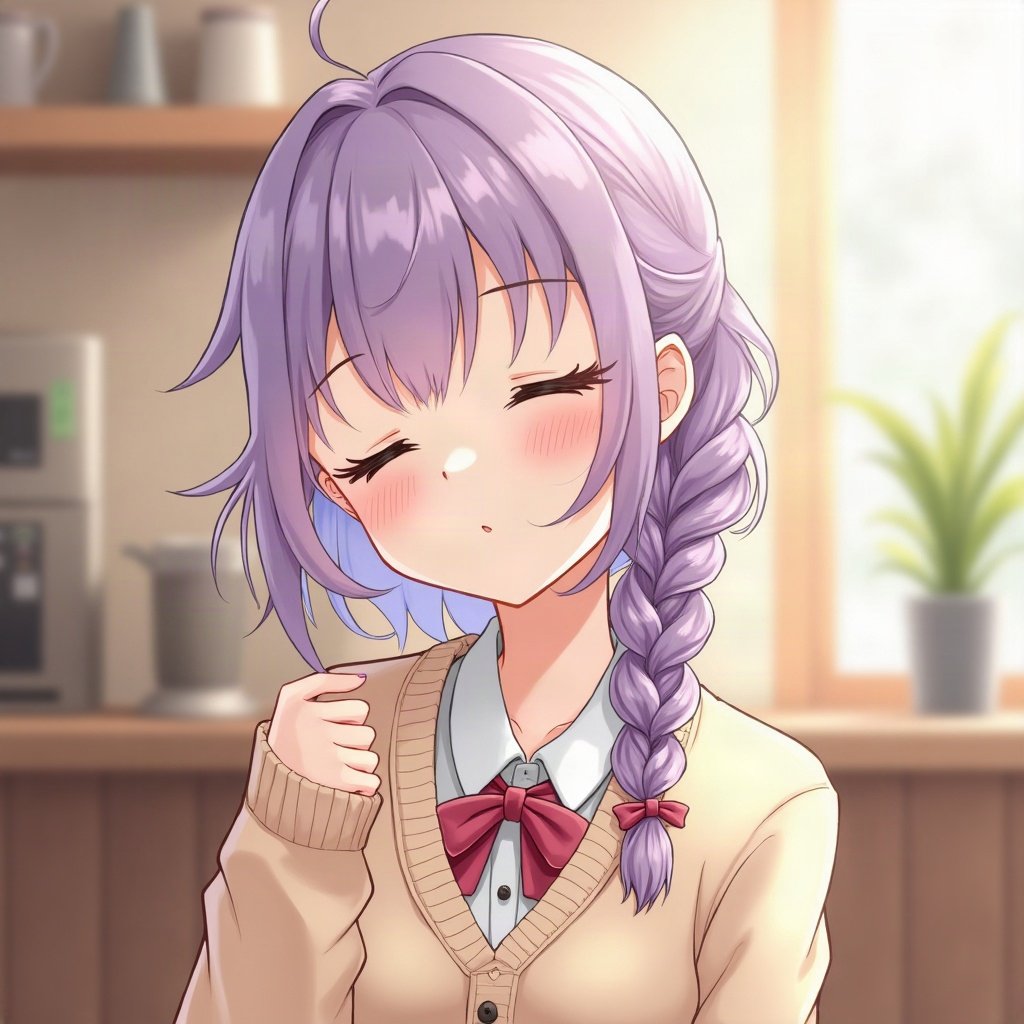 femboy pfp — lavender hair with braid, cozy cardigan with bow, peaceful eyes closed