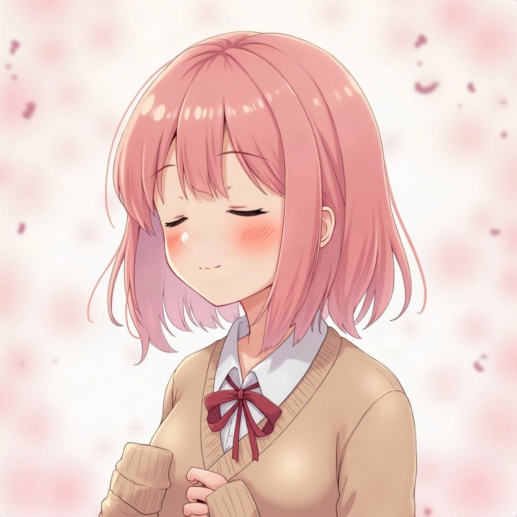 femboy pfp — soft pink shoulder-length hair, cozy cardigan with bow, peaceful eyes closed