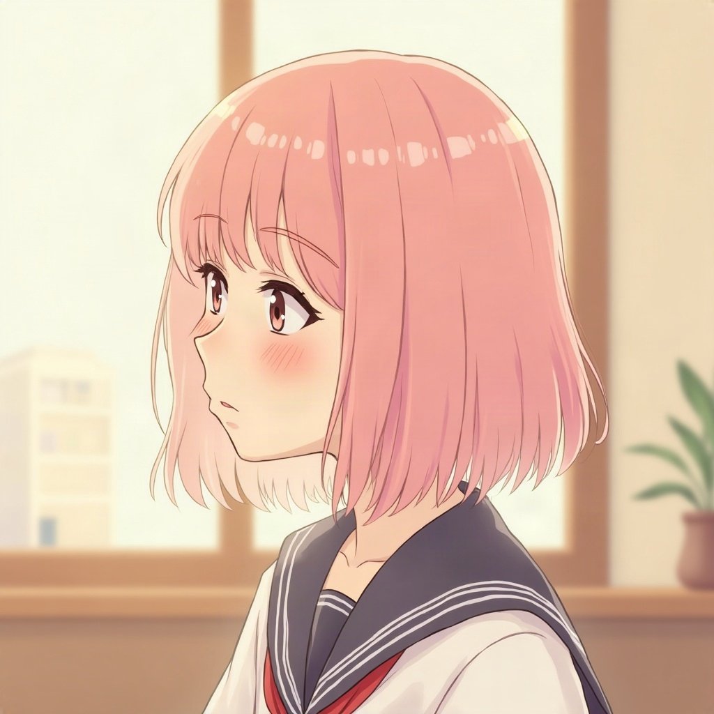 femboy pfp — soft pink shoulder-length hair, sailor-collar top, peaceful eyes closed