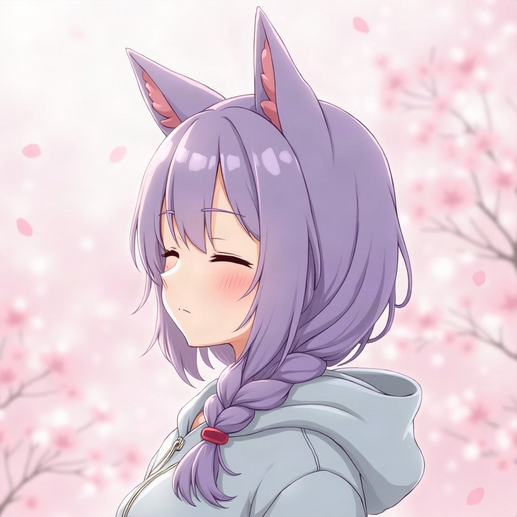 femboy pfp — lavender hair with braid, hoodie with cat-ear hood, peaceful eyes closed