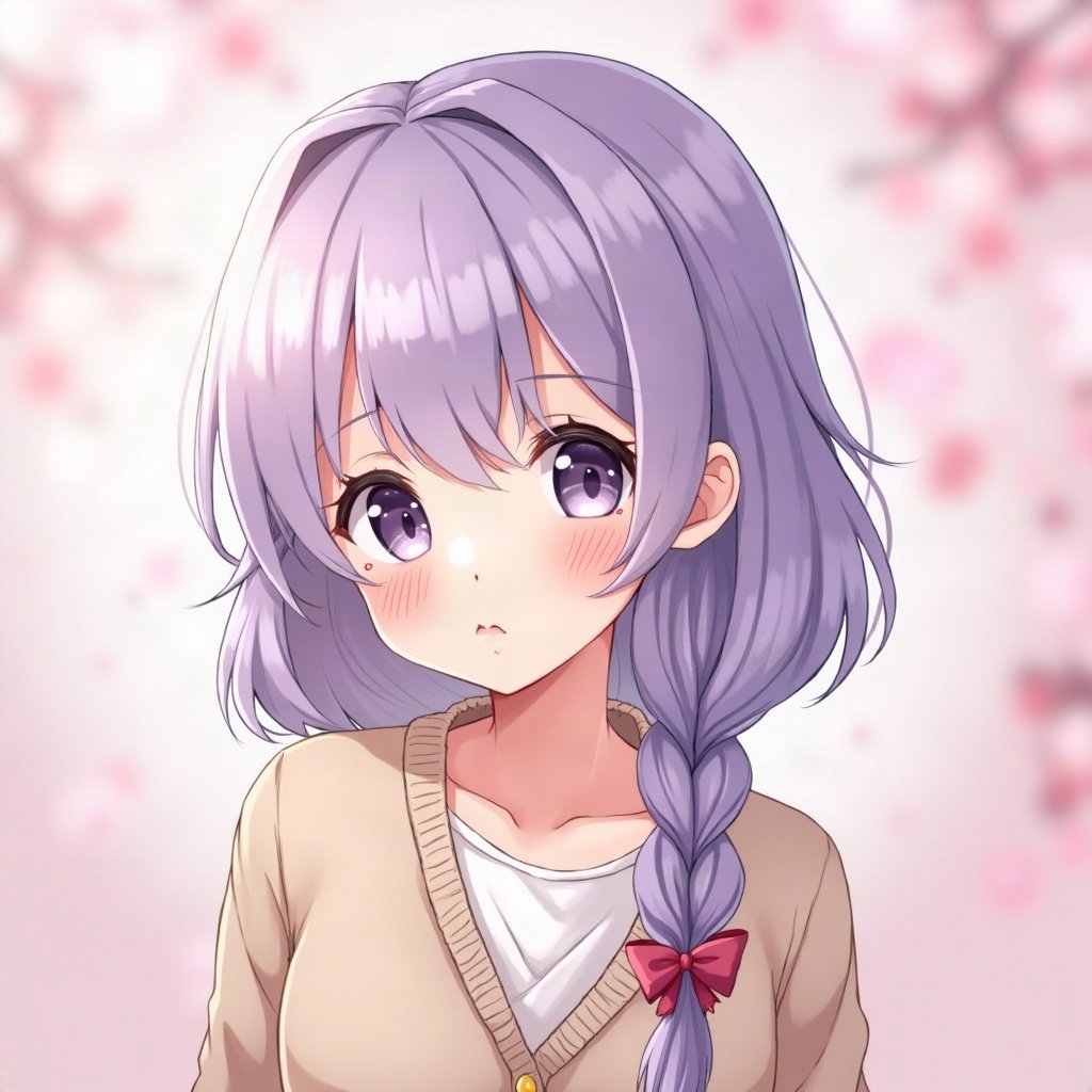 femboy pfp — lavender hair with braid, cozy cardigan with bow, soft curious look