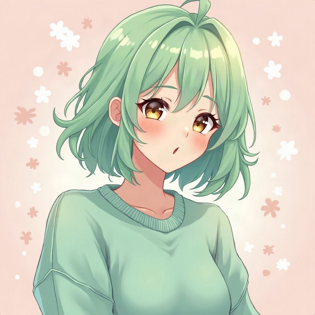 femboy pfp — mint green soft waves, oversized pastel sweater, playful wink
