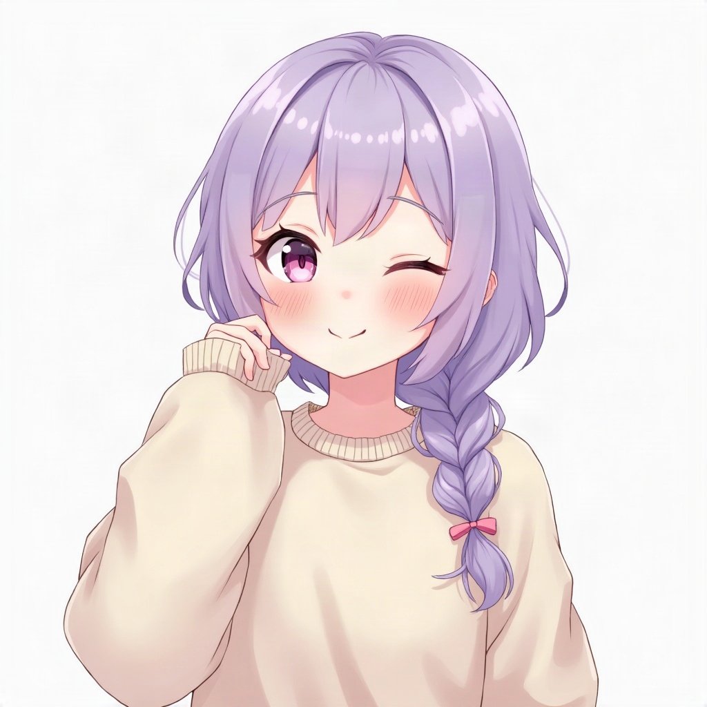 femboy pfp — lavender hair with braid, oversized pastel sweater, playful wink