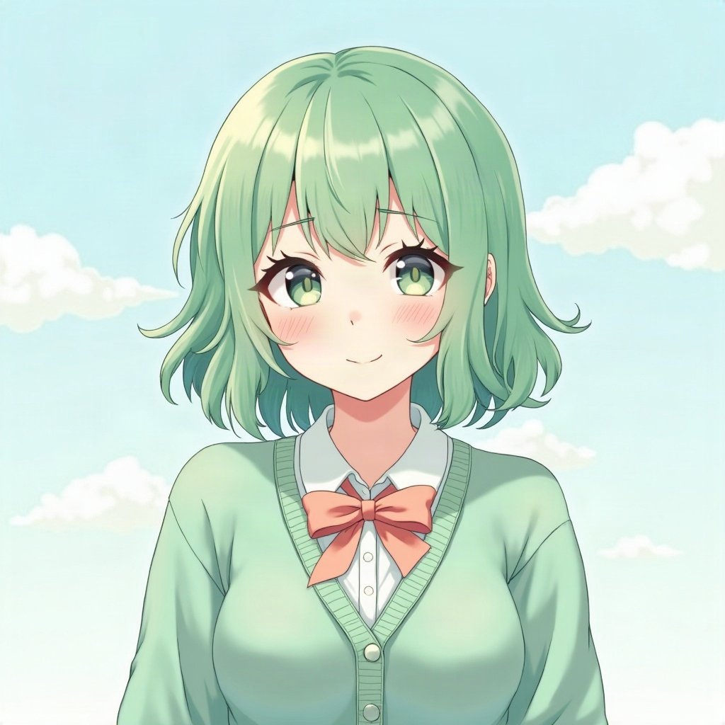 femboy pfp — mint green soft waves, cozy cardigan with bow, shy gentle smile