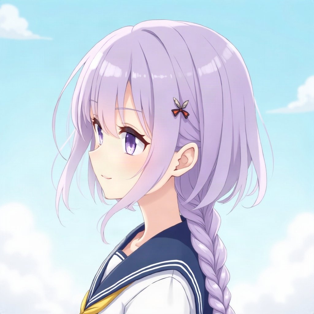 femboy pfp — lavender hair with braid, sailor-collar top, soft curious look