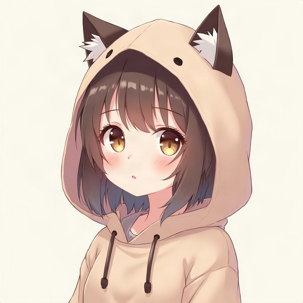 femboy pfp — brown hair with hairpins, hoodie with cat-ear hood, shy gentle smile