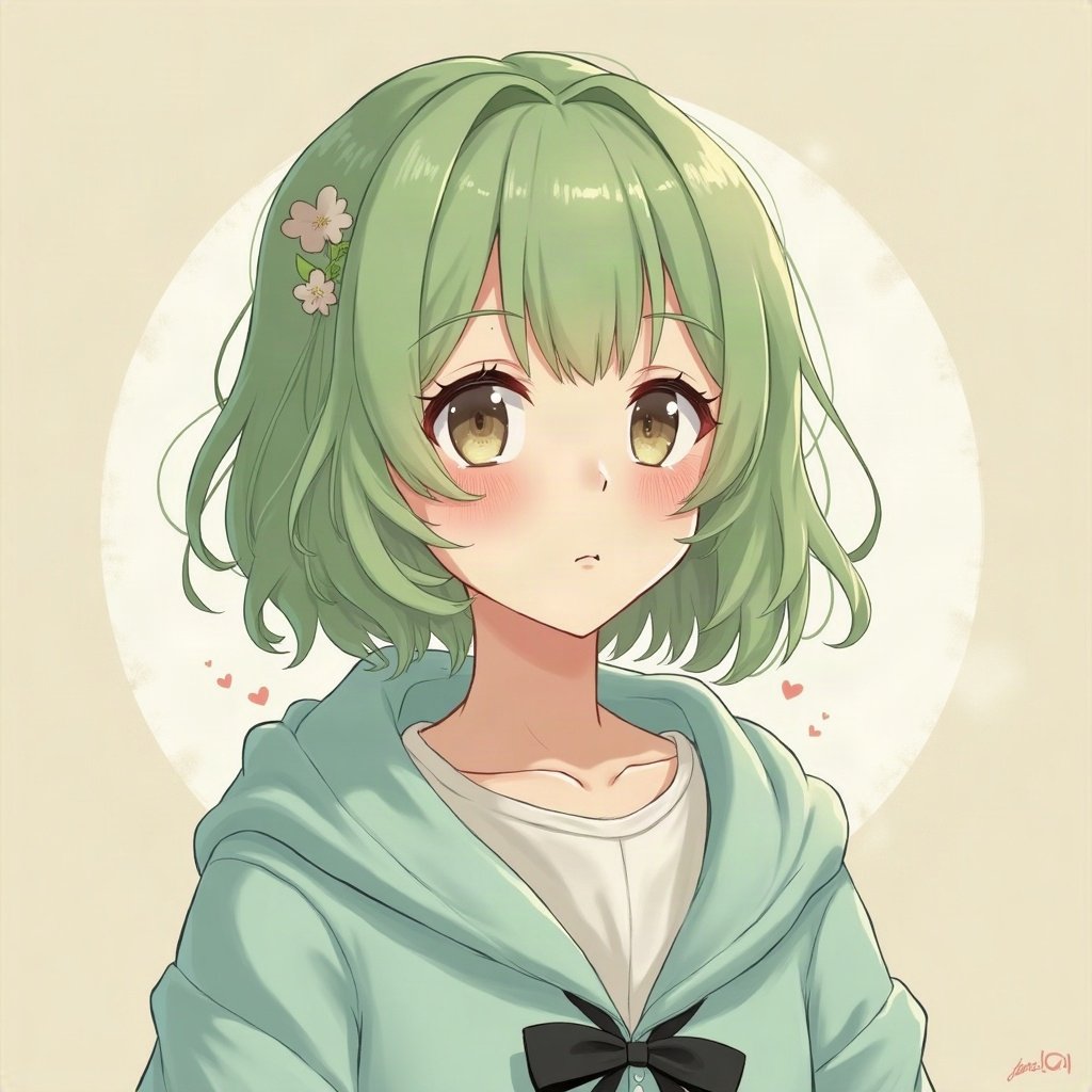 femboy pfp — mint green soft waves, cozy cardigan with bow, soft curious look