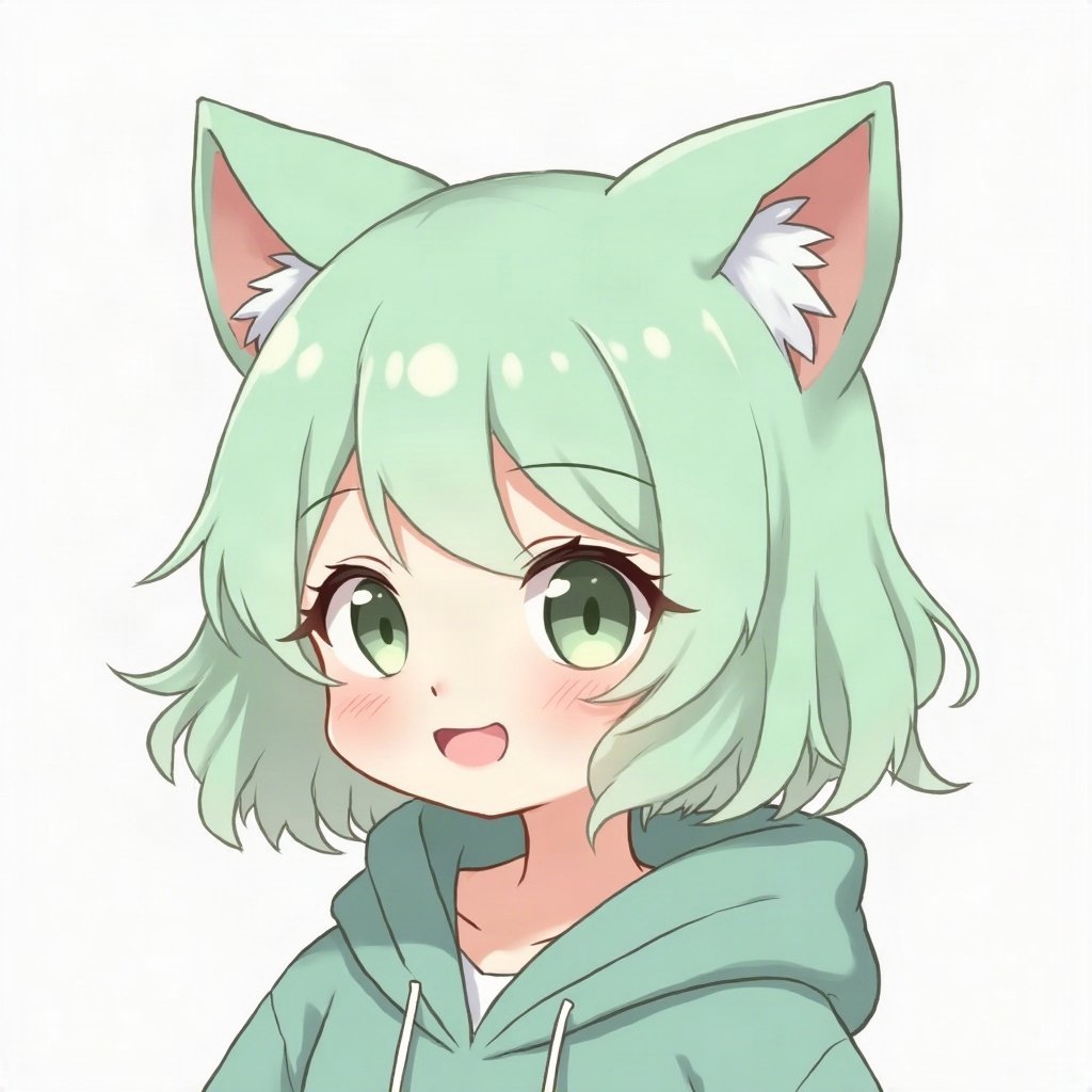 femboy pfp — mint green soft waves, hoodie with cat-ear hood, shy gentle smile