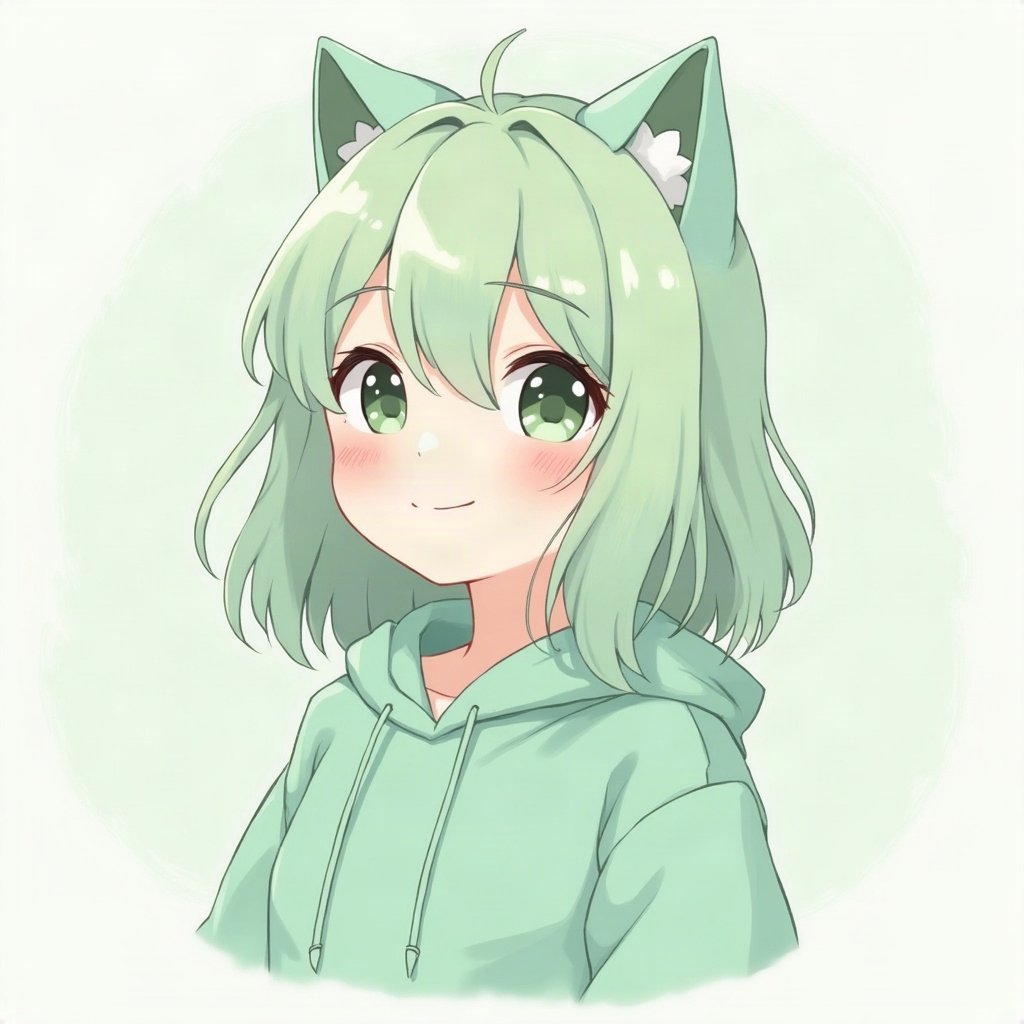 femboy pfp — mint green soft waves, hoodie with cat-ear hood, soft curious look