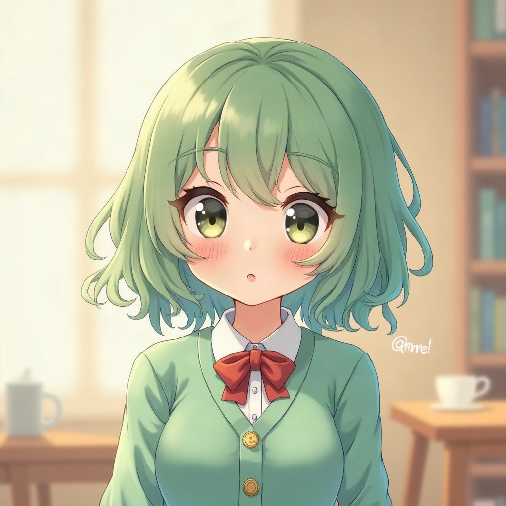 femboy pfp — mint green soft waves, cozy cardigan with bow, soft curious look