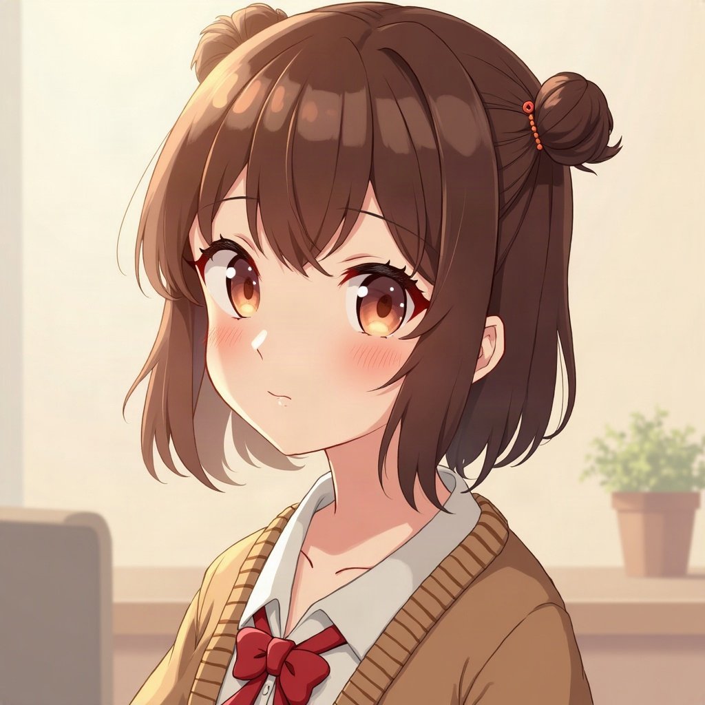 femboy pfp — brown hair with hairpins, cozy cardigan with bow, playful wink