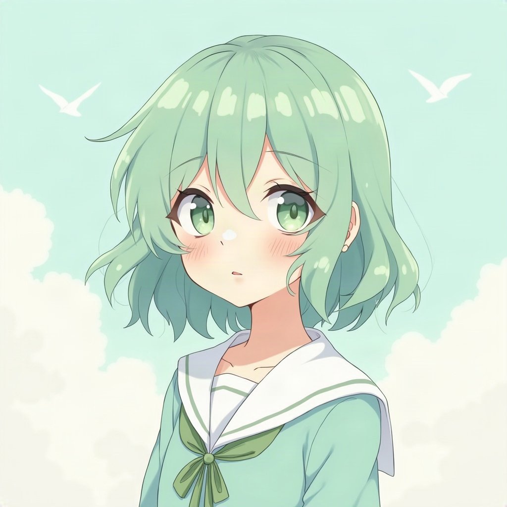 femboy pfp — mint green soft waves, sailor-collar top, soft curious look