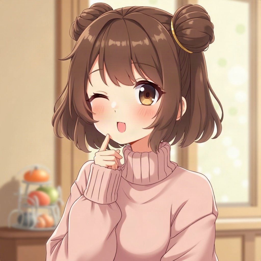 femboy pfp — brown hair with hairpins, oversized pastel sweater, playful wink