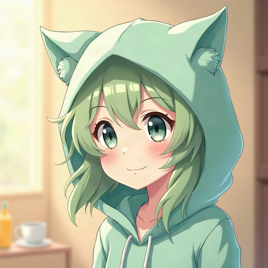 femboy pfp — mint green soft waves, hoodie with cat-ear hood, shy gentle smile