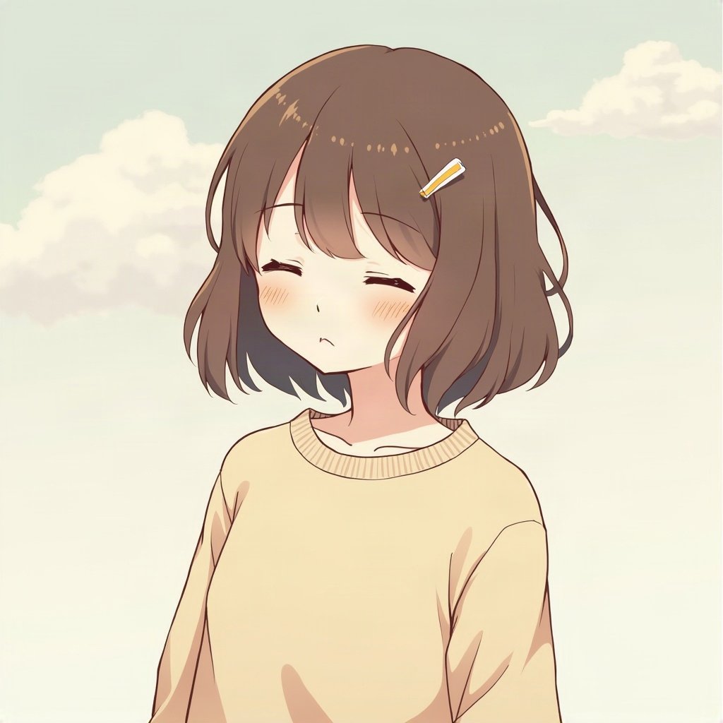 femboy pfp — brown hair with hairpins, oversized pastel sweater, peaceful eyes closed