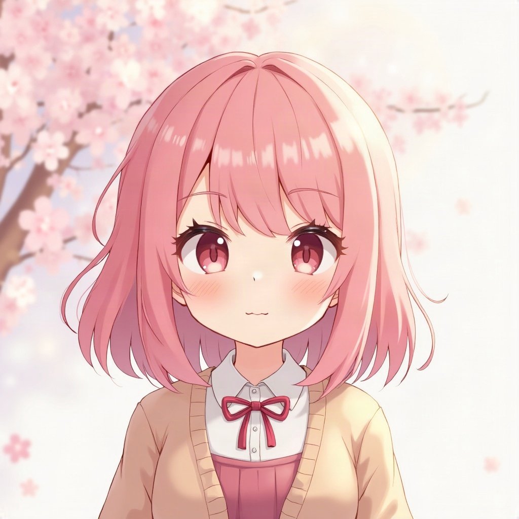femboy pfp — soft pink shoulder-length hair, cozy cardigan with bow, soft curious look