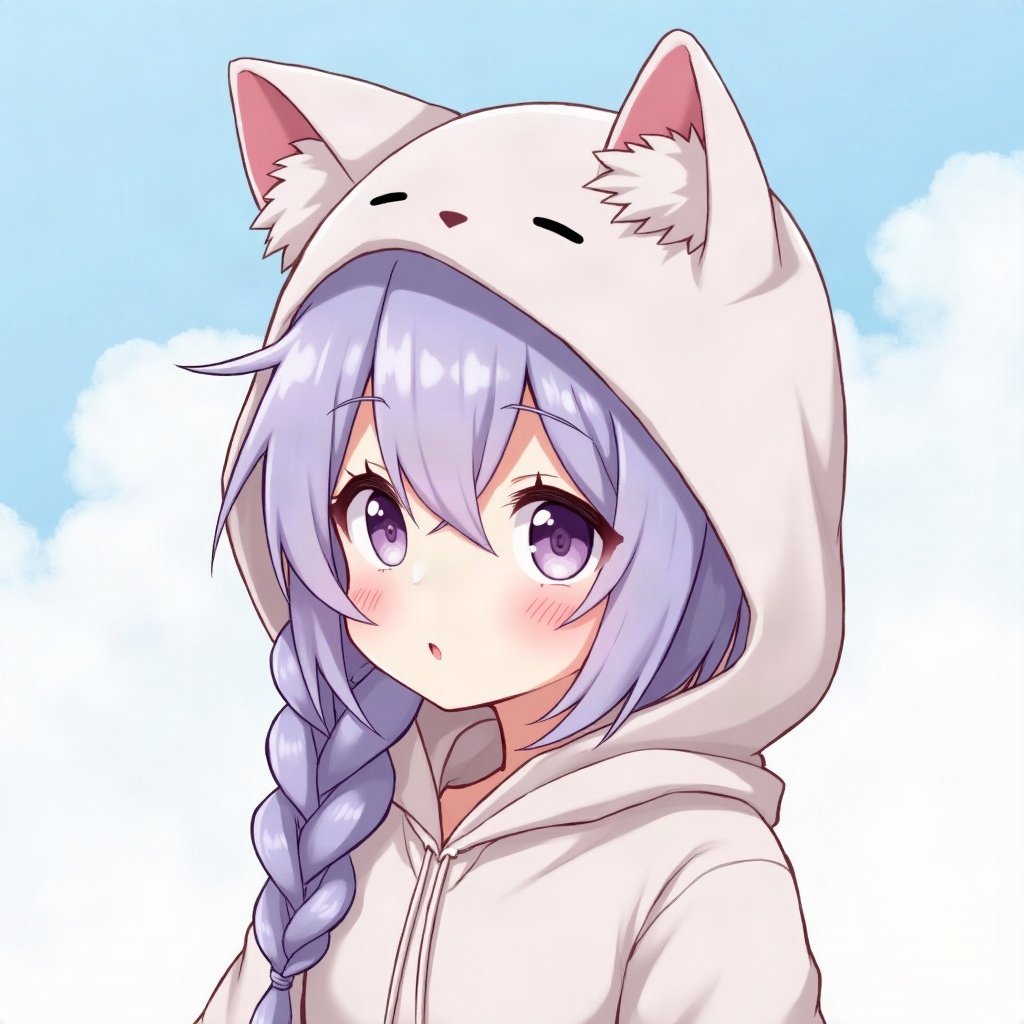femboy pfp — lavender hair with braid, hoodie with cat-ear hood, shy gentle smile