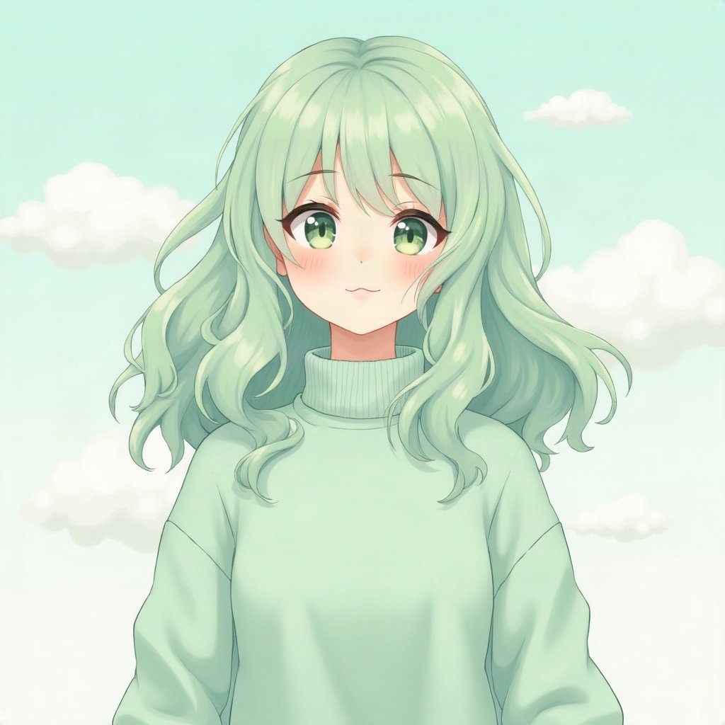 femboy pfp — mint green soft waves, oversized pastel sweater, shy gentle smile