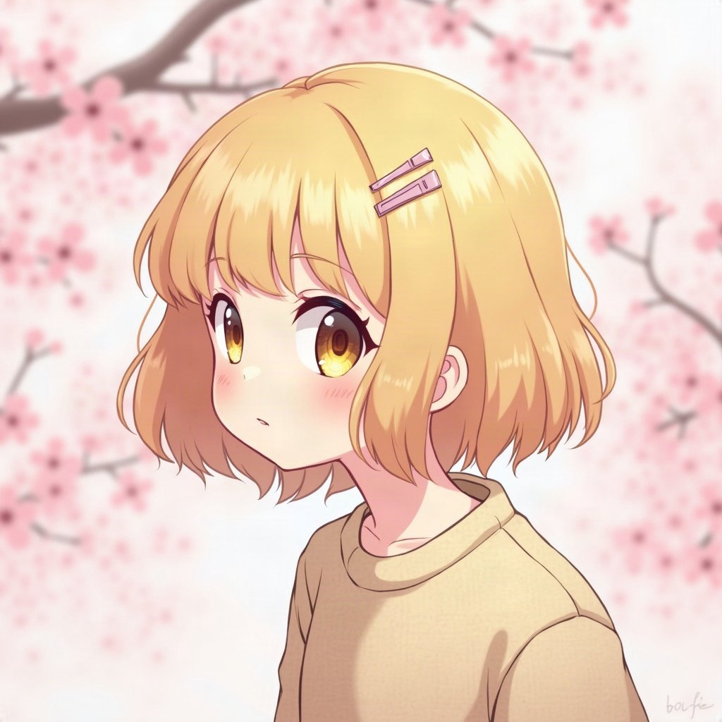 femboy pfp — fluffy blond bob with clips, oversized pastel sweater, soft curious look