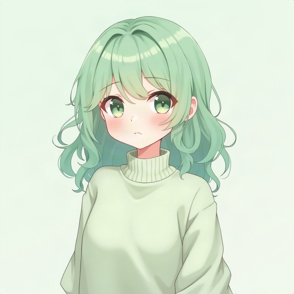 femboy pfp — mint green soft waves, oversized pastel sweater, soft curious look