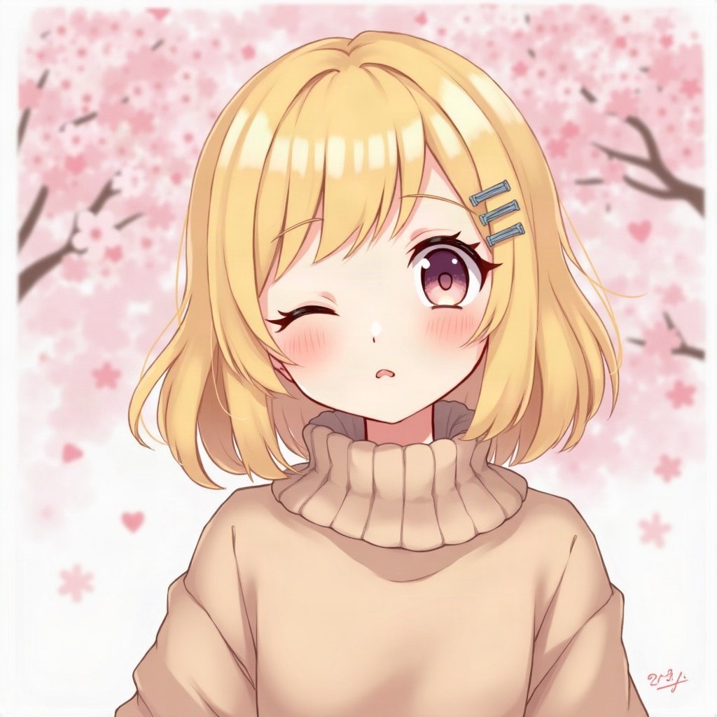 femboy pfp — fluffy blond bob with clips, oversized pastel sweater, playful wink