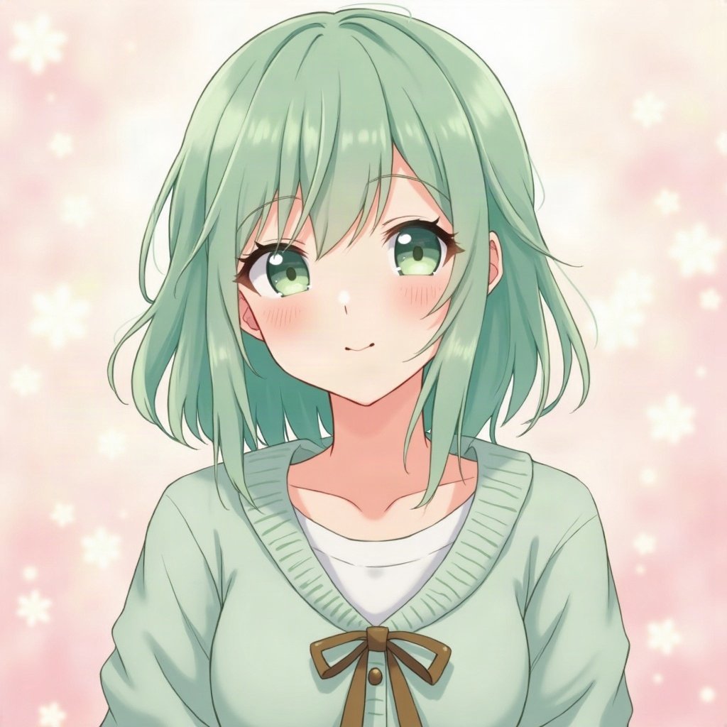 femboy pfp — mint green soft waves, cozy cardigan with bow, shy gentle smile