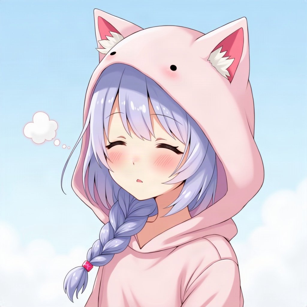 femboy pfp — lavender hair with braid, hoodie with cat-ear hood, peaceful eyes closed
