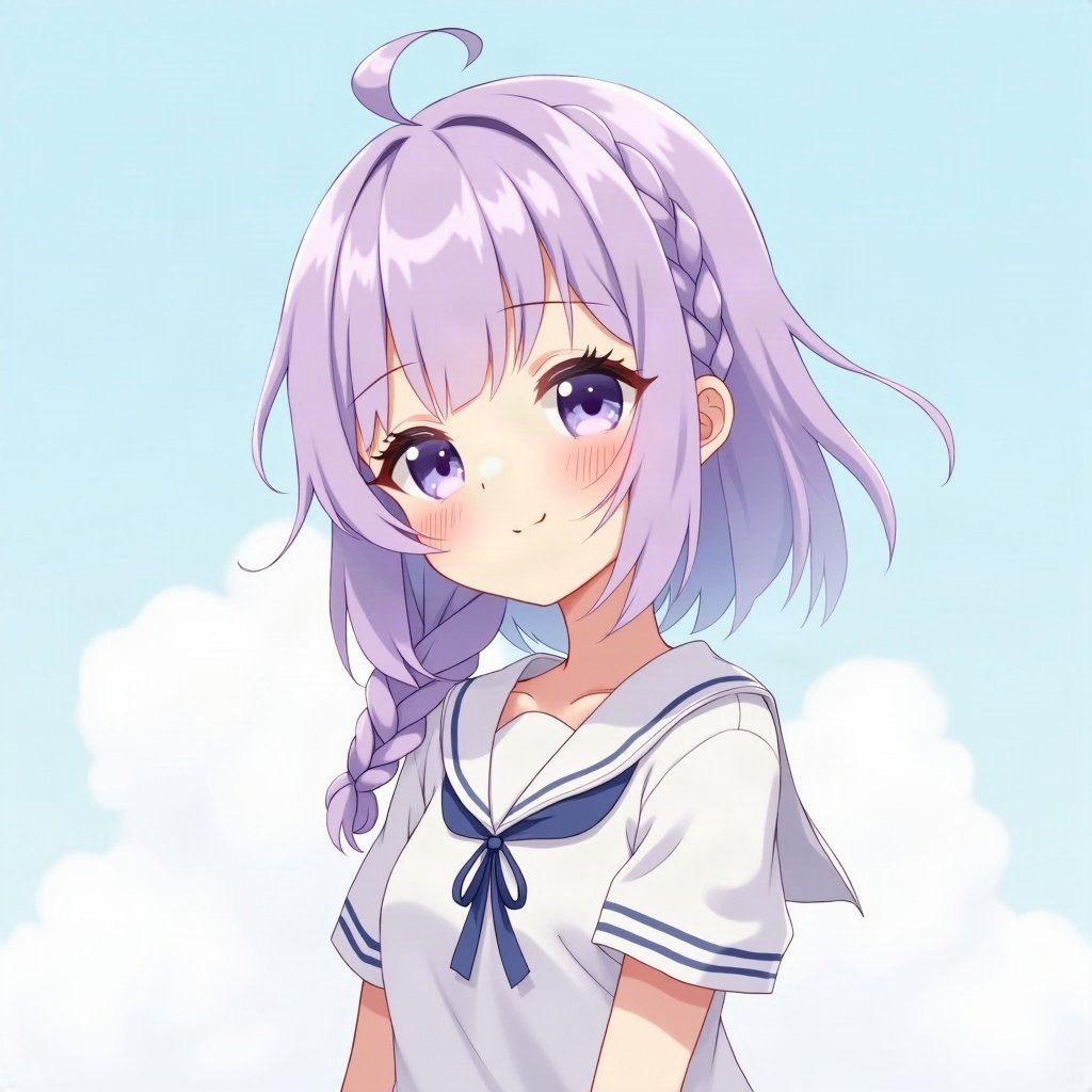femboy pfp — lavender hair with braid, sailor-collar top, shy gentle smile