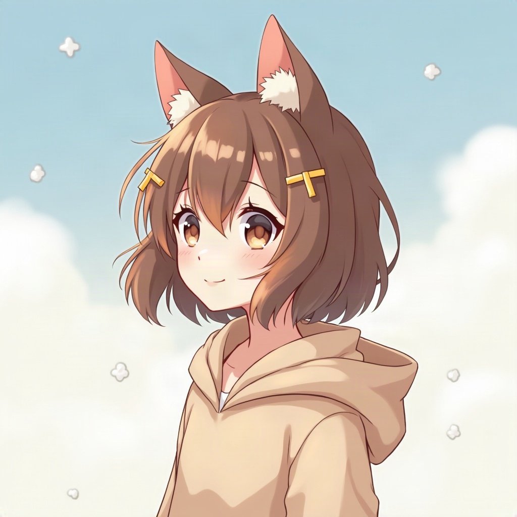 femboy pfp — brown hair with hairpins, hoodie with cat-ear hood, shy gentle smile
