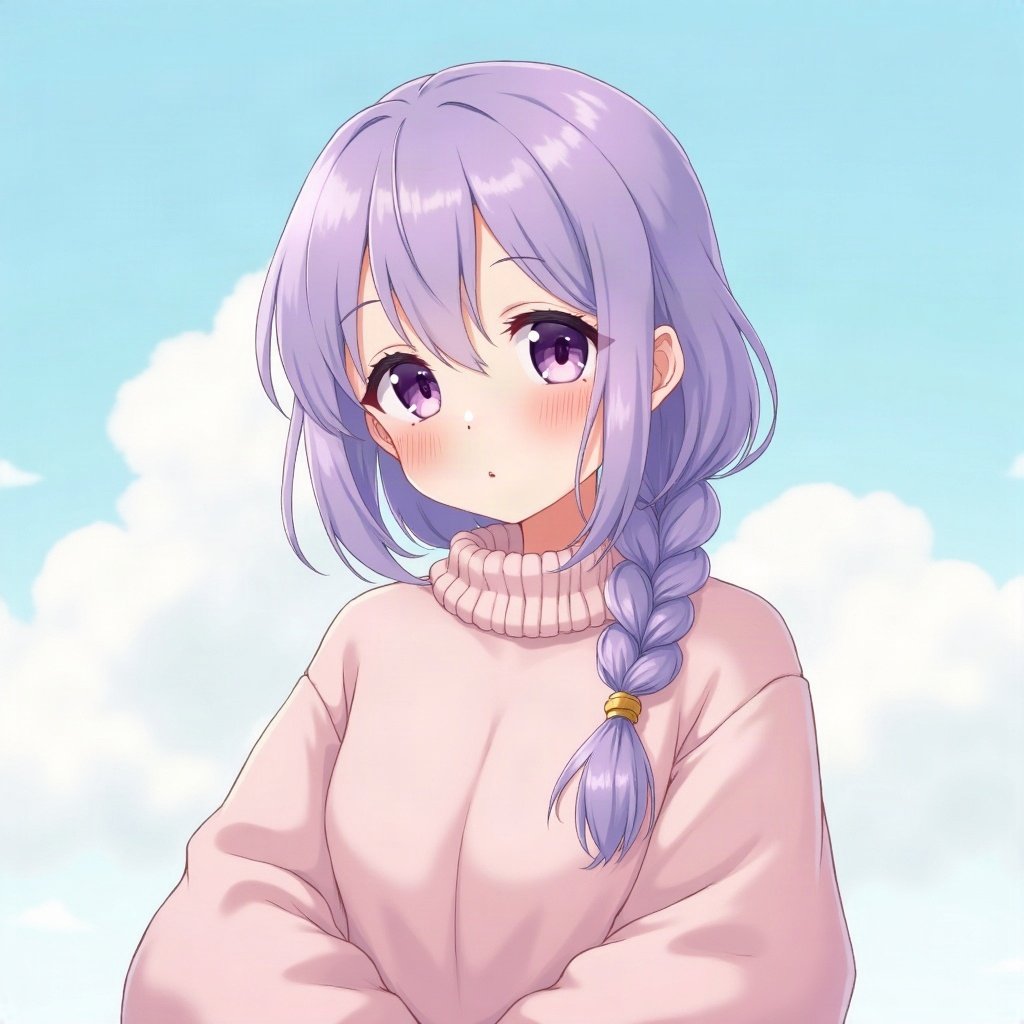 femboy pfp — lavender hair with braid, oversized pastel sweater, soft curious look