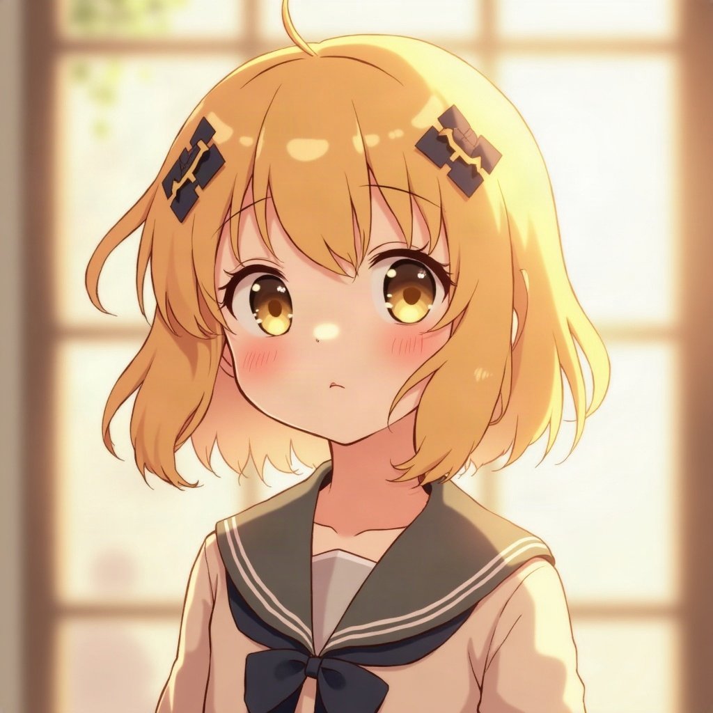 femboy pfp — fluffy blond bob with clips, sailor-collar top, soft curious look