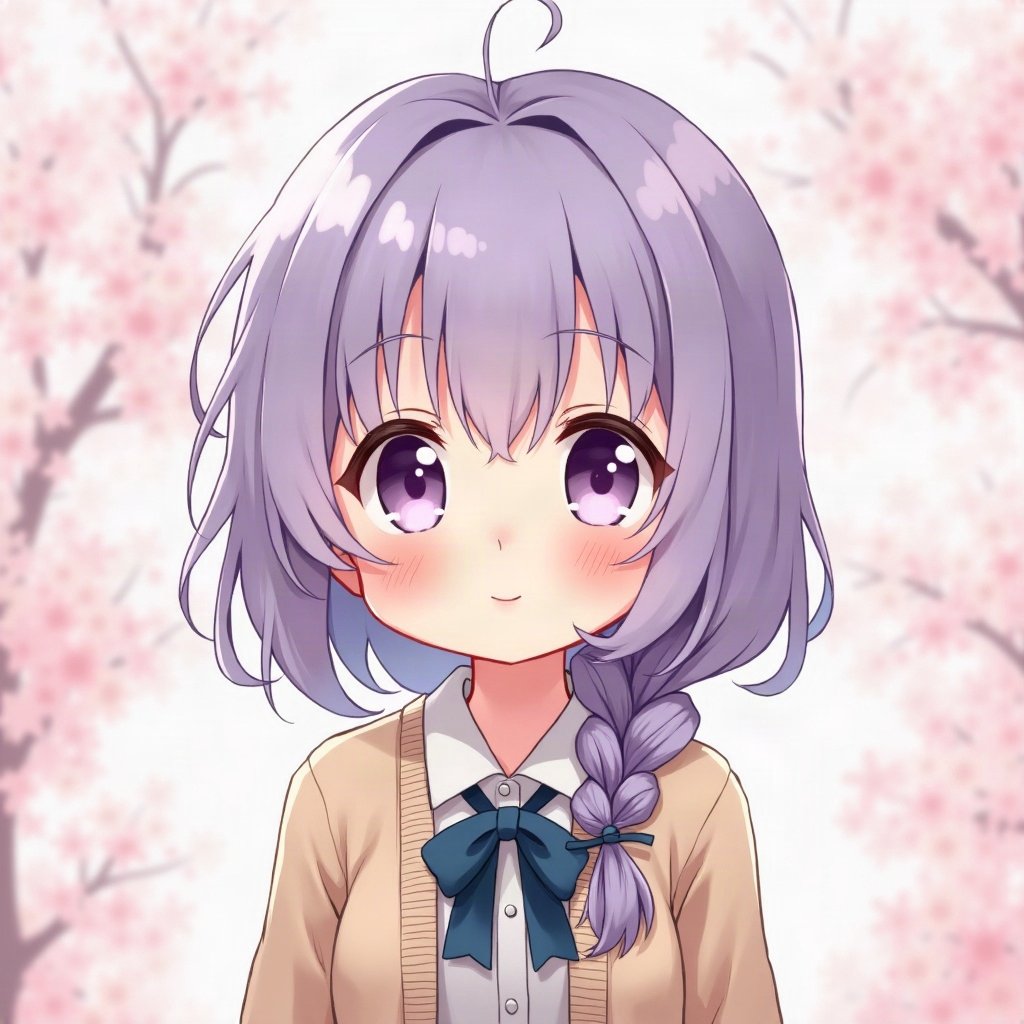 femboy pfp — lavender hair with braid, cozy cardigan with bow, shy gentle smile