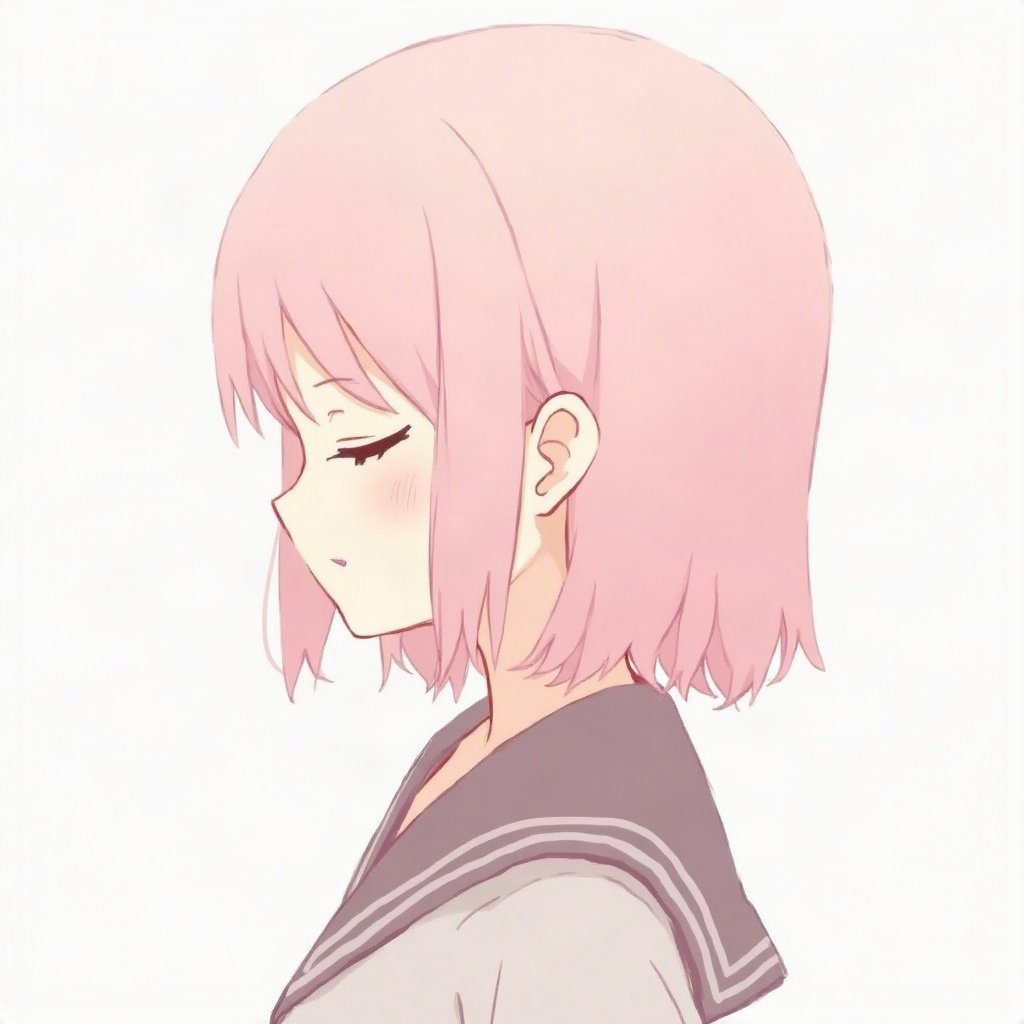 femboy pfp — soft pink shoulder-length hair, sailor-collar top, peaceful eyes closed
