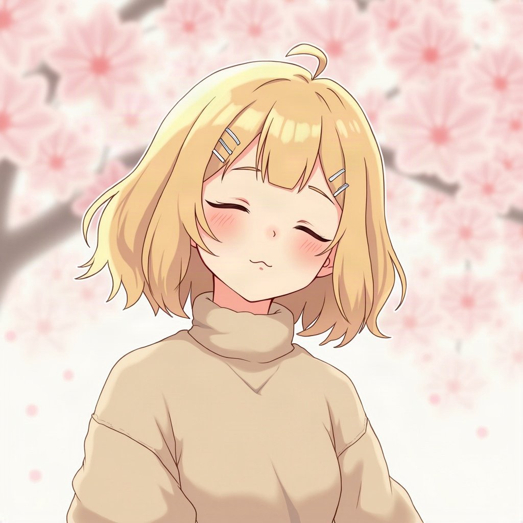 femboy pfp — fluffy blond bob with clips, oversized pastel sweater, peaceful eyes closed