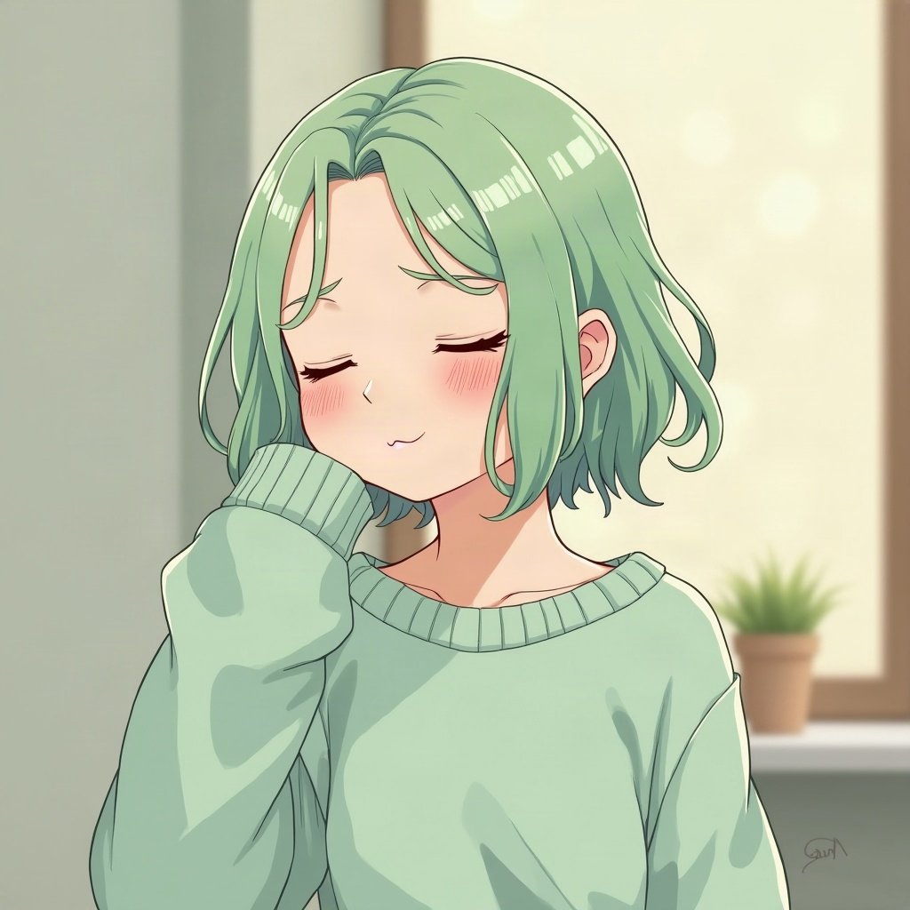 femboy pfp — mint green soft waves, oversized pastel sweater, peaceful eyes closed