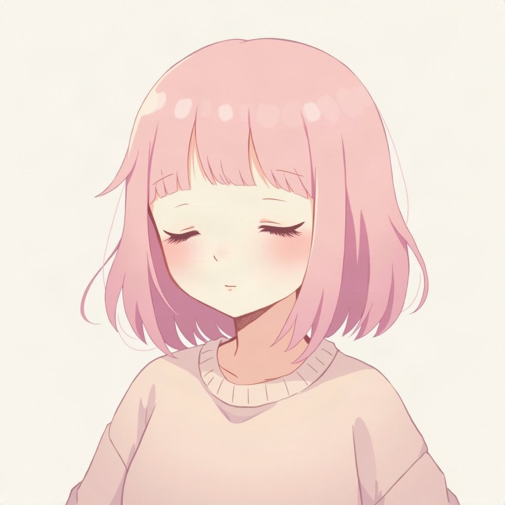 femboy pfp — soft pink shoulder-length hair, oversized pastel sweater, peaceful eyes closed