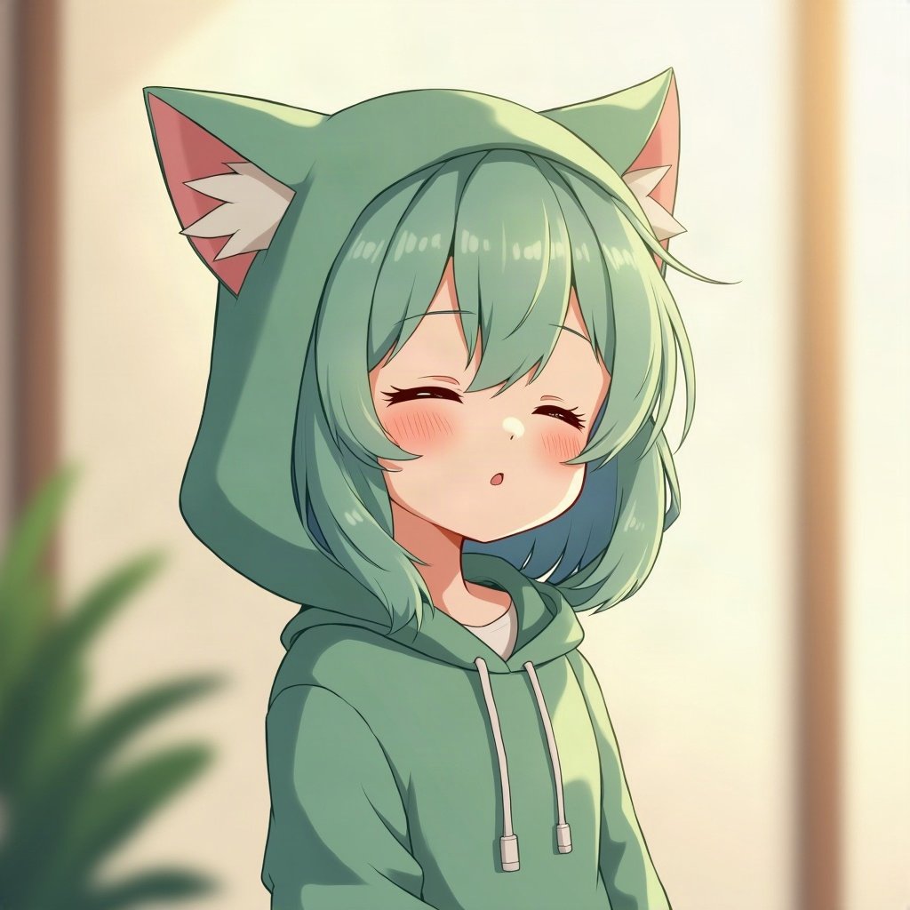 femboy pfp — mint green soft waves, hoodie with cat-ear hood, peaceful eyes closed