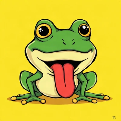 funny pfp — frog, tongue-out derpy expression, solid yellow background
